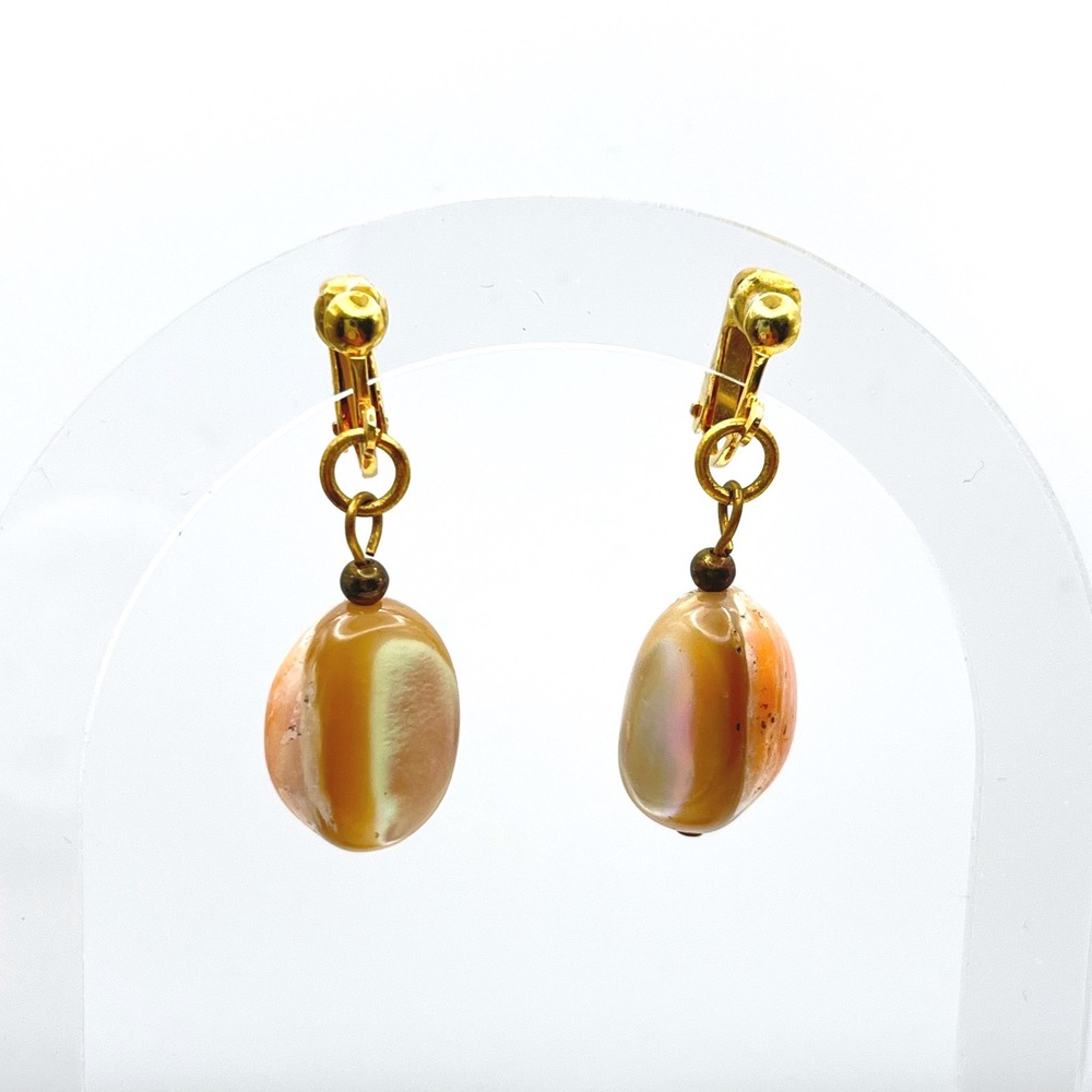 Vintage Gold Tone Iridescent Peach Agate Dangle Clip On‎ Earrings Boho